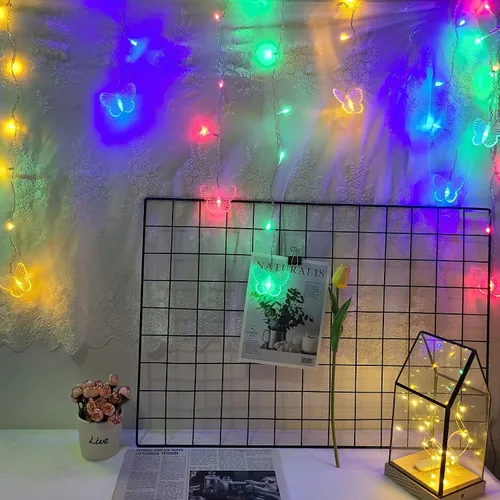 Miniatura 6 de Guirnalda de luces de cadena de hadas con cortina de mariposa, 120 LED, 8 modos, temporizador alimentado por USB, luz parpadeante de luciérnaga