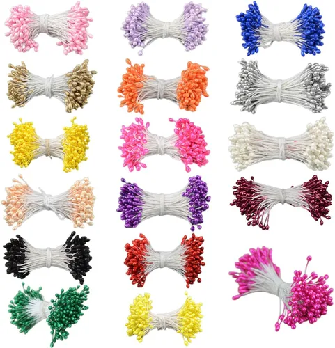 Miniatura 7 de QueenBox® 900 piezas de estambres de flores de doble cabeza de 0.118 pulgadas, Pistilo floral de perlas artificiales para bricolaje, ramo de flores
