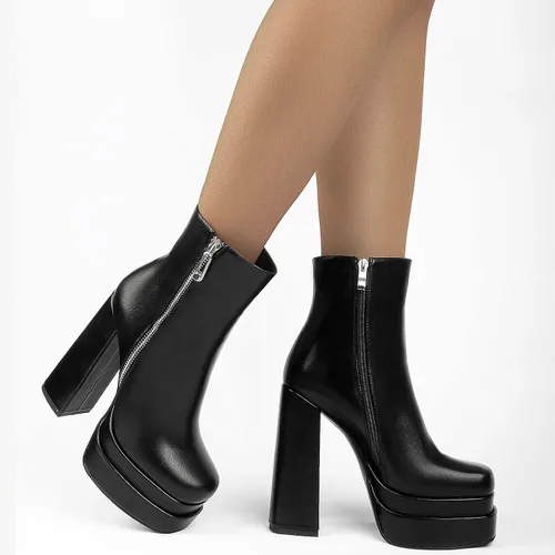Miniatura 4 de SIFINELAR Botas de tobillo con plataforma para mujer tacón alto tacón grueso punta cuadrada botas cortas con cremallera lateral