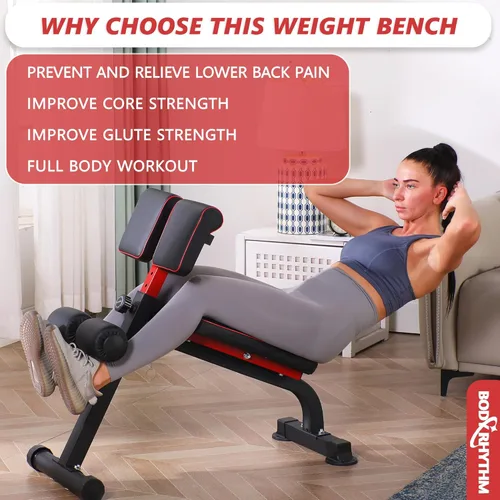 Miniatura 2 de BODYRHYTHM Banco de pesas compacto y ajustable para entrenamiento de fuerza de cuerpo completo, silla hiperromana para abdominales y espalda, banco