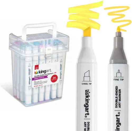 KINGART PRO - Marcadores de tinta de alcohol de doble punta, 24 colores brillantes, punta fina y puntas de cincel, permanentes con capacidad de