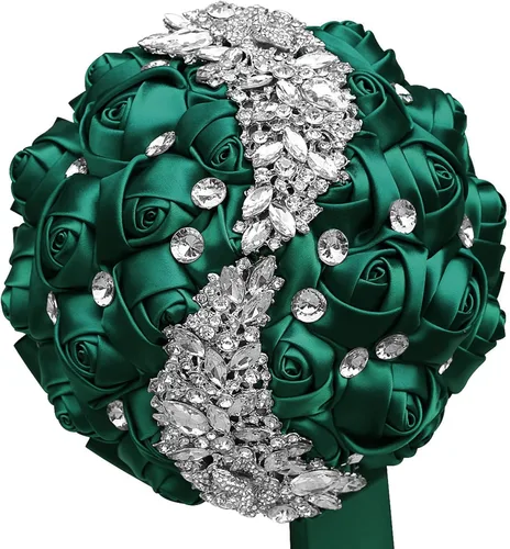 XINNI Ramo de boda verde esmeralda para novia, dama de honor, satén rosa, ramo de boda con diamantes de imitación en forma de lluvia de meteoritos