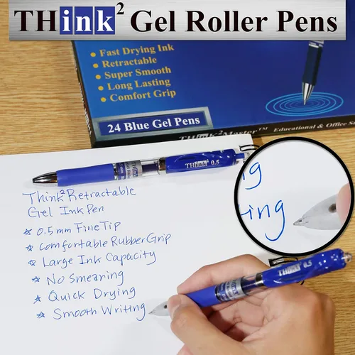 Miniatura 5 de [24 Bolígrafos - Tinta Azul] Bolígrafos de Gel Retráctiles Think2. (24 Azul) Punta Fina (0.5mm) Bolígrafos Tipo Roller con Agarre Cómodo.