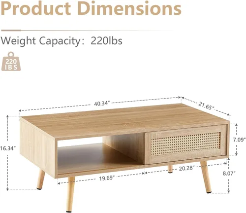 Miniatura 2 de Mesa de centro de ratán, mesa de centro moderna de mediados de siglo de 40.3 pulgadas con almacenamiento, mesa rectangular de madera para sofá