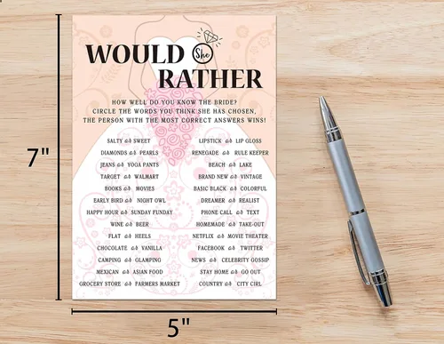Miniatura 2 de Tarjetas de juego para despedida de soltera, juego de "Would She Rather Game", tarjetas de fiesta de compromiso rosas para boda, juego de 30