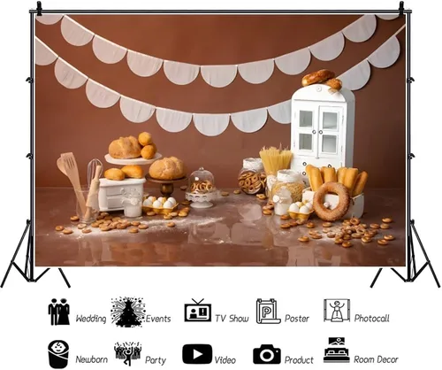Miniatura 3 de YongFoto Fondo de Mesa de Panadería para Hornear 5x3 pies Pan Dona Galleta Gabinete Blanco Fondo de Fotografía Niño Niña Cake Smash Cumpleaños Baby