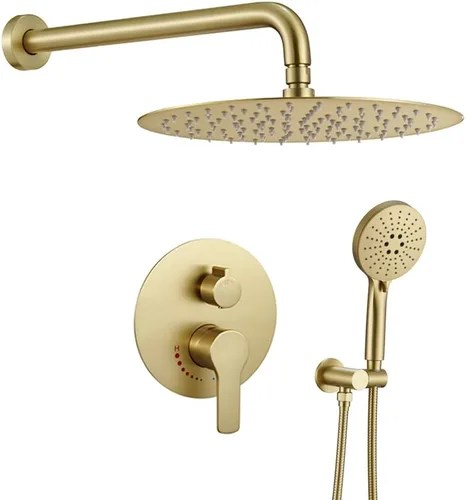 Miniatura 10 de Sistema de ducha de oro cepillado de 12 pulgadas para baño, cabezal de ducha de lluvia dorado de alta presión con rociador de mano, accesorios