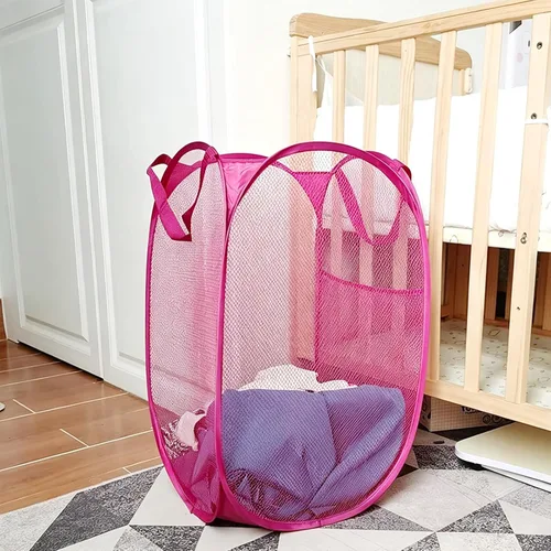 Miniatura 8 de Larpur Cesta desplegable para lavandería, plegable, portátil, de malla, con asas de transporte reforzadas (rosa)