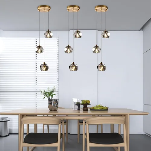 Miniatura 3 de Lámpara colgante de cristal de prisma de 3 luces, moderna lámpara colgante de cristal ahumado de 9 W, iluminación colgante de techo redondo triple