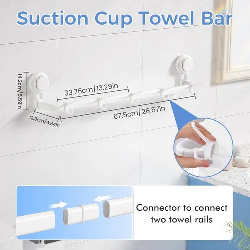 Miniatura 5 de LUXEAR Barra de toalla con ventosa de 24.0 in, soporte ajustable para toallero, sin taladros y extraíble con 5 ganchos deslizantes, colgador