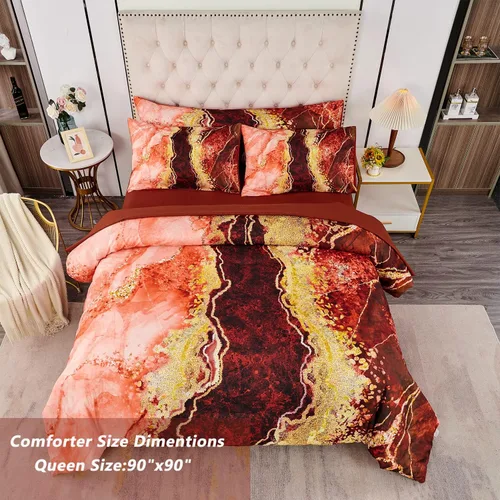 Miniatura 4 de PERFEMET Juego de edredón de 6 piezas, tamaño Queen, ropa de cama con estampado de mármol acuarela naranja con edredón y sábanas, estilo estético