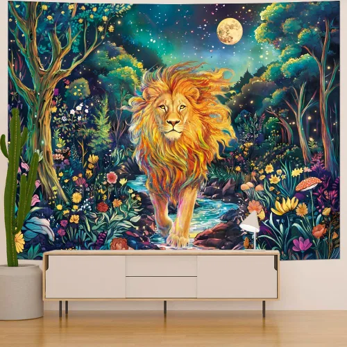 Miniatura 3 de Obsecolors Tapiz de pared de bosque reactivo a los rayos UV, diseño de león, galaxia, espacio, flores coloridas, tapices para colgar en la pared