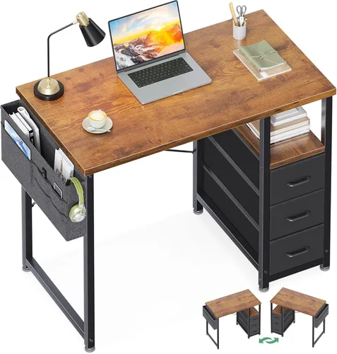 AODK - Escritorio pequeño de 32" para computadora con cajones de tela, escritorio de estudio para niñas y adolescentes para dormitorio, escritorio