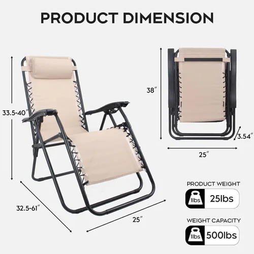 Miniatura 3 de Juego de 2 sillas reclinables ajustables de gravedad cero para exteriores, con bandeja portavasos, almohadas extraíbles, silla reclinable ergonómica