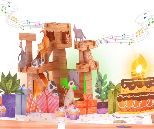 Tarjeta de cumpleaños de gato desplegable 3D con canción de miau, velas sopladas y luces coloridas, bonito regalo sorpresa para niños, niñas, hijo,