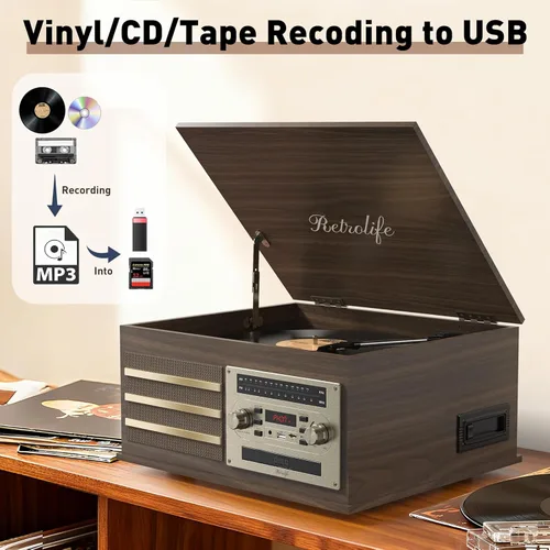 Miniatura 6 de Tocadiscos de vinilo 10-en-1 Centro de música con tocadiscos incorporados, altavoces integrados, soporte de 3 velocidades, entrada/salida