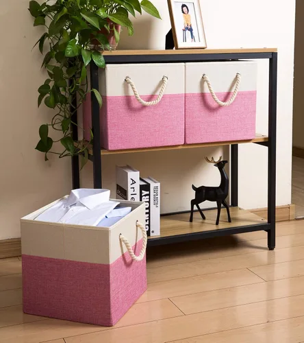 Miniatura 3 de PRANDOM Contenedores plegables grandes de almacenamiento de 11 x 11 pulgadas [paquete de 4] cestas de almacenamiento de tela de lino, cubos con asas