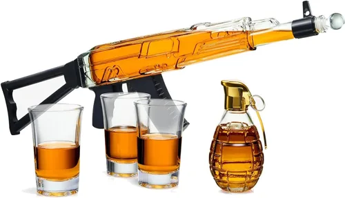Miniatura 2 de Juego de regalo de decantador de whisky de pistola, 25 onzas con tres vasos de chupito de 3 onzas + botella de granada, ideas únicas de cumpleaños