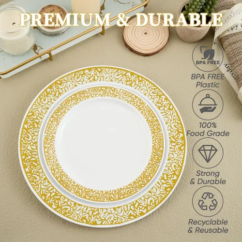 Miniatura 4 de FOCUSLINE Juego de 102 platos de plástico dorados desechables con encaje dorado, 51 platos llanos de 10.25 pulgadas y 51 platos de ensalada