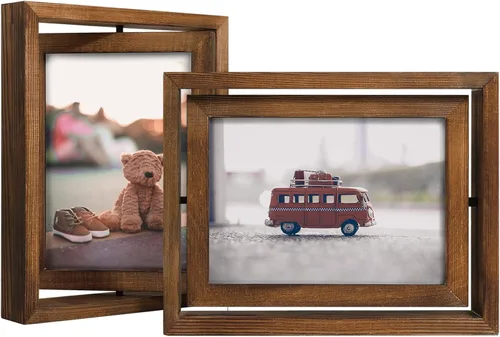 Miniatura 8 de Egofine - Paquete de 2 marcos de fotos giratorios flotantes de 4 x 6 pulgadas, exhibición doble cara con frente de vidrio HD, marco de madera