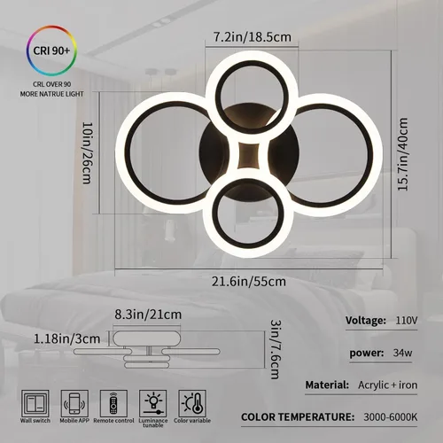 Miniatura 5 de Shine LUEST Lámpara de techo LED moderna de 34 W, 3000 K-6000 K regulable, accesorios de iluminación de techo para montaje en techo, 4 anillos