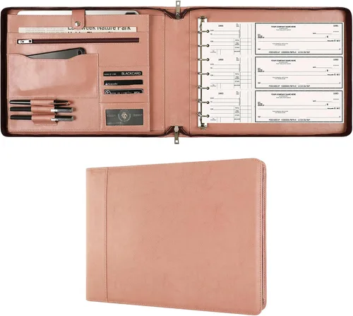 Miniatura 11 de Cuaderno de cheques personalizado de cuero para negocios, carpeta de 7 anillos grabada con soporte para libro de cheques para 3 por página, Marrón
