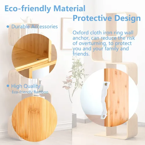 Miniatura 5 de Estantería geométrica moderna de bambú de 4 niveles en forma de S, gran capacidad, estante curvado, mesita de noche 2 en 1, estantería