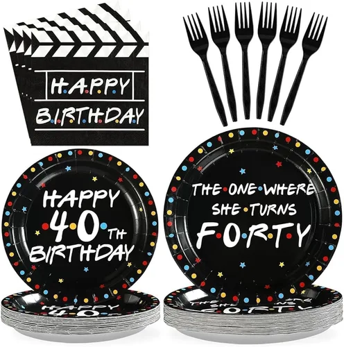 96 piezas de decoración de fiesta de cumpleaños temática de iFriends, platos y servilletas de cumpleaños 40 con el que ella gira 40 para