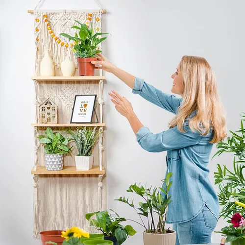 jontell Estante colgante de pared de macramé, estantes de macramé hechos a mano, estante flotante bohemio decorativo para plantas, estante de