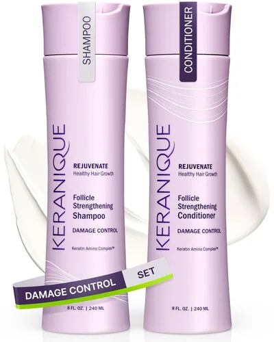 Keranique Champú y acondicionador antiroturas para cabello dañado y adelgazante - Reparación intensa, fortalecimiento con queratina, biotina,