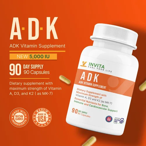 Miniatura 3 de INVITA, Suplemento vitamínico ADK – 90 cápsulas – Alta potencia de vitamina A, D3 5000 UI y K2-MK7 – Médico formulado para apoyo óseo, corazón e