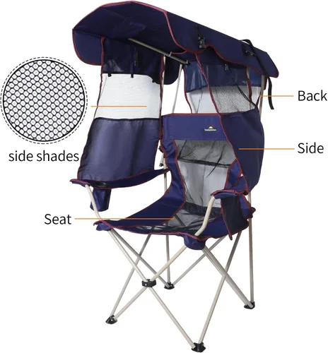 Miniatura 3 de Silla de camping con toldo – Silla de playa con sombra para uso al aire libre, parasol ajustable, soporte para tazas, bolsillos laterales – Silla