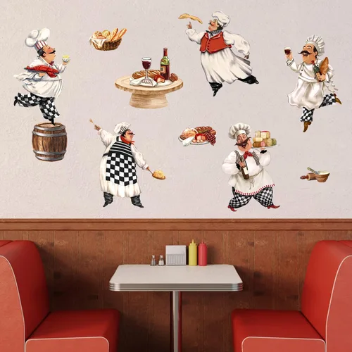 Miniatura 5 de Mfault Calcomanías de pared de chefs gordos italianos, divertidas decoraciones de cocina para panadero, cocina, arte, hogar, comedor, restaurante