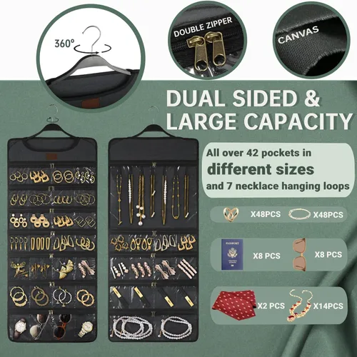 Miniatura 4 de SMRITI Organizador de joyas colgante con bolsillos dobles con cremallera, lona de doble cara giratoria para colgar collares, organizador de pared