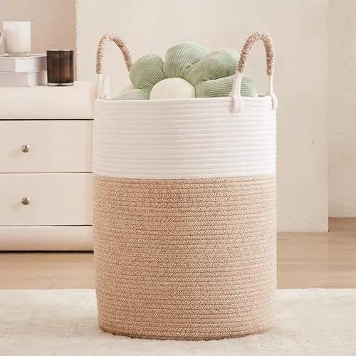 Miniatura 17 de Cesta de lavandería de 62L en negro con cuerda trenzada, cesta de almacenamiento para ropa y mantas, cesta alta y moderna para sala de estar