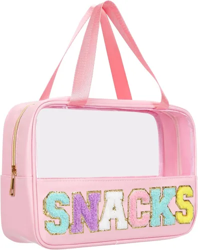 Miniatura 15 de BuyCard Bolsas de Viaje Transparentes con Parche de Letra de Chenilla, Bolsa de Maquillaje Preppy de PVC y Nylon con Asa y Cremallera, Bolsa