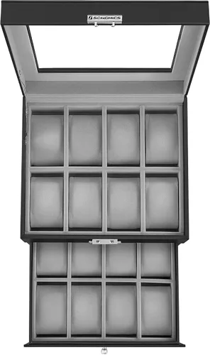 Miniatura 8 de SONGMICS Caja de reloj de 16 ranuras, caja de reloj con tapa de vidrio, 2 capas, vitrina de reloj con cerradura, cuero sintético negro, forro gris