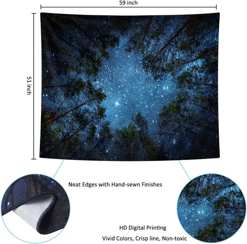 Miniatura 7 de HOMKUMY Tapiz de pared estrellado, tapiz de noche estrellada de bosque con impresión 3D, tapiz de árbol de estrella, tapiz psicodélico indio