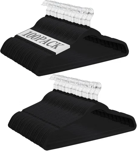 SUPER DEAL Paquete de 100 perchas de terciopelo de alta calidad, delgadas, antideslizantes, con muescas para trajes, abrigos, pantalones, vestidos,
