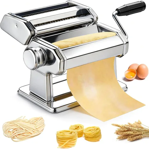 Máquina para hacer pasta METLUCK, máquina de pasta de acero inoxidable manual con rodillo y 9 ajustes de grosor para espaguetis, linguine,