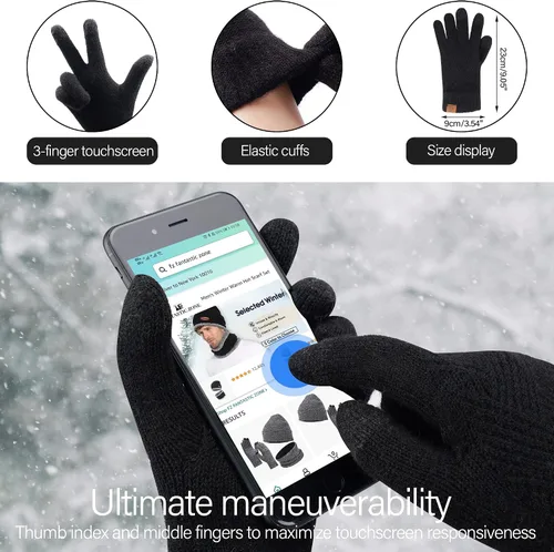 Miniatura 3 de Conjunto de gorro de punto cálido para mujer, bufanda larga, guantes para pantalla táctil, con forro polar, gorro de calavera con pompones, regalos