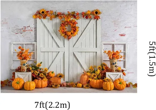 Miniatura 3 de Kate Fondo de fotos de 7 x 5 pies con diseño de calabaza de Acción de Gracias, para cosecha, pared blanca, puerta de madera blanca, Halloween