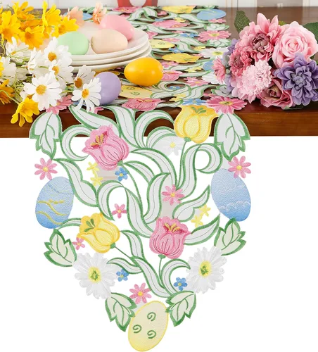 Miniatura 18 de Camino de mesa de Pascua, primavera, conejos, huevos, camino de mesa floral, bordado floral y conejos, huevos, bufanda, decoración de mesa