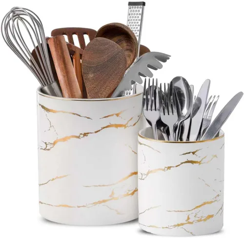 Miniatura 9 de Soporte grande de utensilios de 7.2 pulgadas para encimera de cocina, recipiente de utensilios de mármol dorado, soporte de espátula para encimera