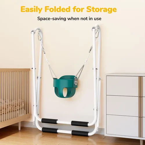 Miniatura 4 de Hapfan Columpio para niños pequeños con soporte, columpio resistente para interiores y exteriores con asiento de cubo, marco de metal plegable