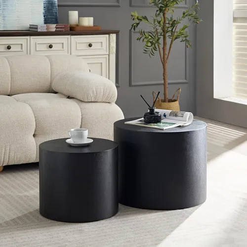 Juego de 2 mesas auxiliares anidables para sala de estar, juego de mesa auxiliar redonda moderno, mesa auxiliar circular de madera y muebles Negro