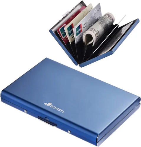 Miniatura 52 de BONSYL® Soporte para tarjetas de crédito, cartera delgada de metal con bloqueo RFID, con 6 ranuras para tarjetas, para mujeres y hombres.