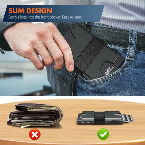 Miniatura 4 de AUTLEY Portatarjetas delgado, billetera minimalista desplegable para hombres, con bloqueo RFID y banda para efectivo (negro)