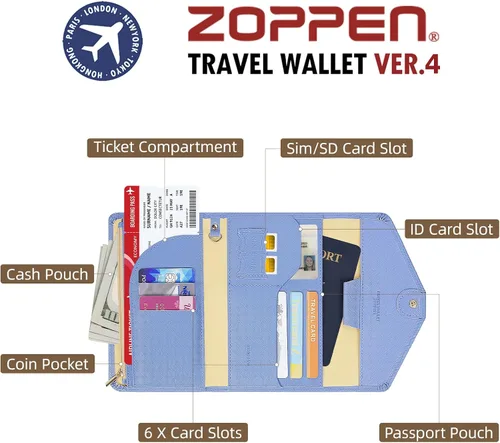 Miniatura 77 de Zoppen - Billetera de viaje con bloqueo RFID multiusos (Ver.4) Portatarjetas de pasaporte y vacunas, organizador de documentos de tres pliegues