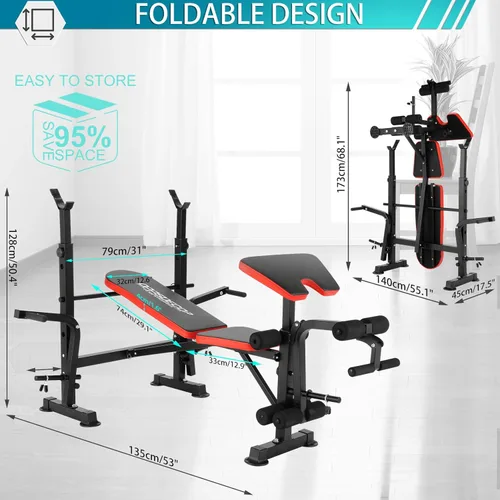 Miniatura 7 de Angotrade Juego de banco de pesas olímpico ajustable de 600 libras con estante para sentadillas, juego de prensa de banco de entrenamiento plegable